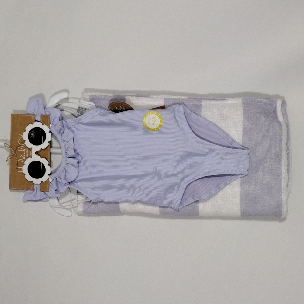 NWT Lila & Jack Purple Ruffle One Piece Swimsuit Towel Sunglasses Sz 18 Month